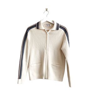 White Ram Vintage Women's 100% Wool Zip Cardigan Curling Sweater Cream Medium